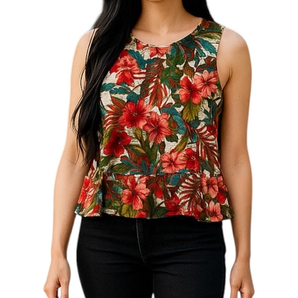 Everly Tropical‎ Floral Peplum Tank Top Red Hibiscus Palm Leaf Summer Blouse S